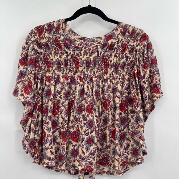 Free People Peach Combo Elastic Floral Ruffled-Up Cropped Silhouette Top Small - Picture 1 of 6